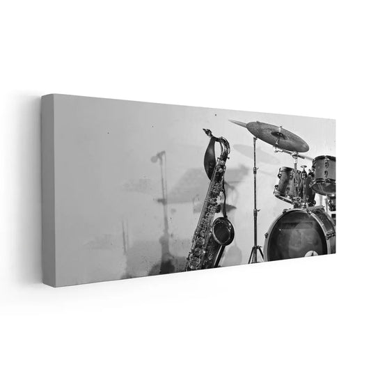 Drum set performance canvas wall art for living room wall art, black and white tones delivering inspiring rhythm and modern energy