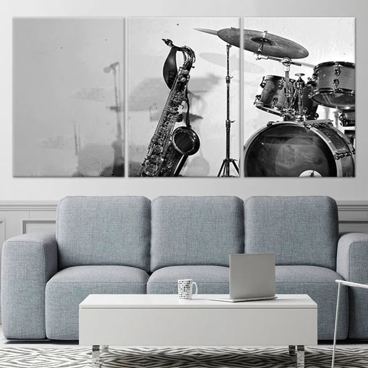 Modern studio drum kit — large canvas wall art, monochrome contrast and bold lines for calming bedroom wall art decor