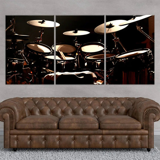 Modern live drum set — large canvas wall art, dark tones and glowing highlights delivering powerful rhythm and calming energy