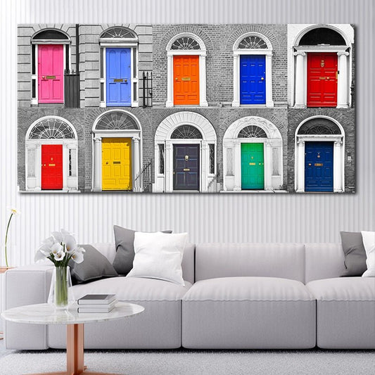 Colorful Dublin doors — modern canvas wall art with bright tones and symmetry, perfect for adding charm to contemporary living rooms.