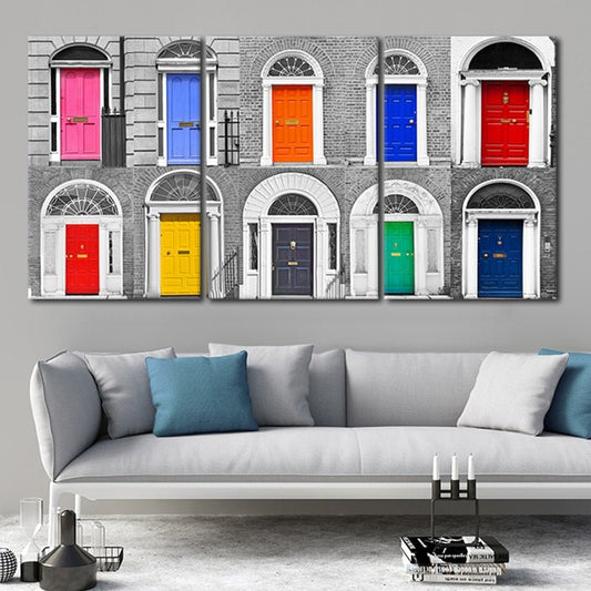 Historic Dublin doors — large canvas wall art in vibrant hues, uplifting piece ideal for bedroom or modern apartment interiors.