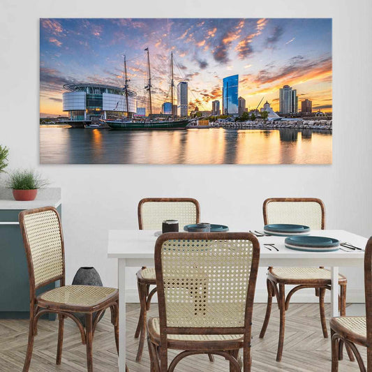 Downtown Oklahoma City skyline — modern canvas wall art, soft pastel tones highlight uplifting mood and sophisticated space.