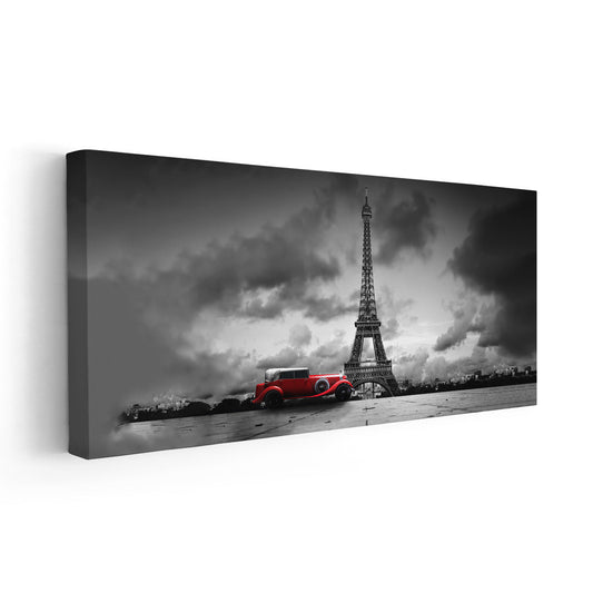Vintage red car in front of Eiffel Tower — large canvas wall art with moody gray tones for bedroom elegance.