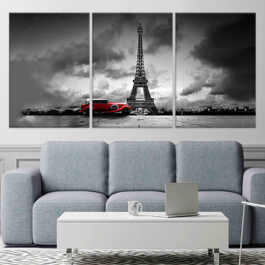 Eiffel Tower with red vintage car canvas wall art for living room — modern black and white Paris decor accent.