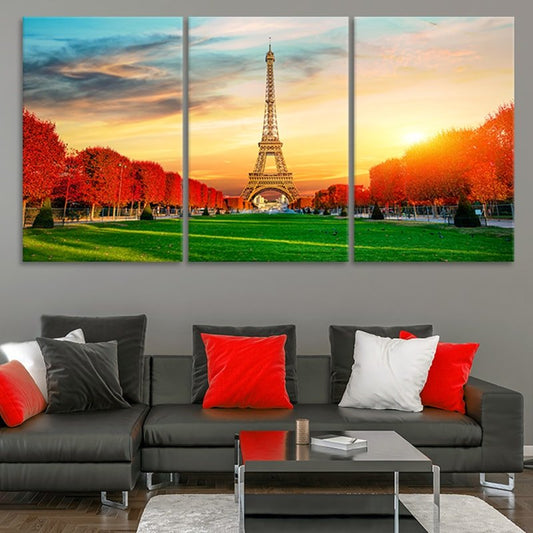 Paris skyline — large canvas wall art featuring the Eiffel Tower at dusk, uplifting and romantic accent for modern bedroom interiors.