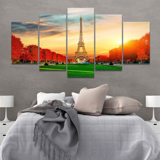 Eiffel Tower at sunset — modern canvas wall art with warm orange tones, elegant and inspiring decor for living room or bedroom walls.