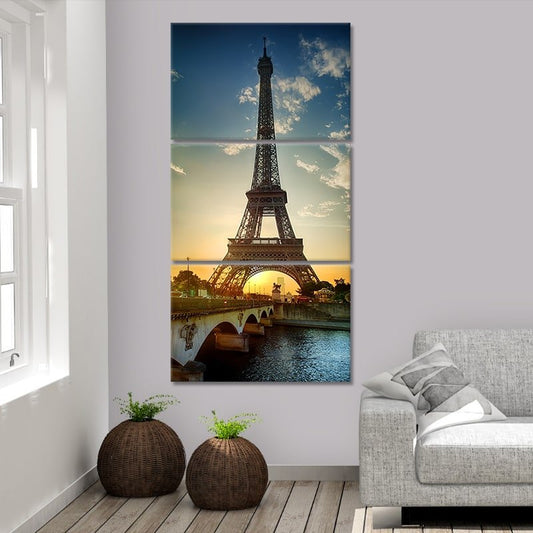Sunlit Eiffel Tower silhouette — modern canvas wall art with vertical layout, perfect for elegant bedroom or office design