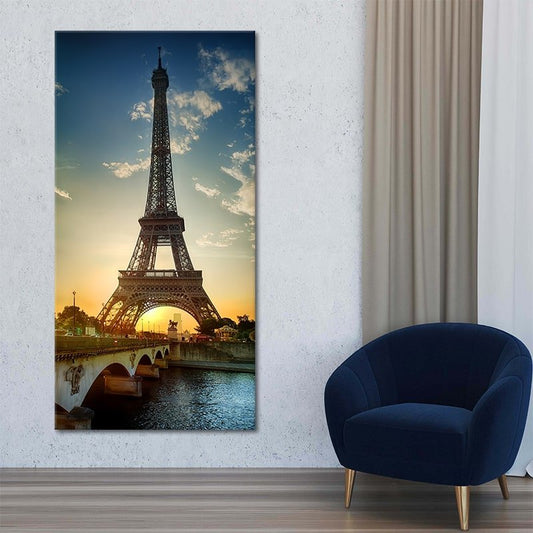 Eiffel Tower at sunset — large canvas wall art for living room decor, warm golden tones creating an inspiring Parisian mood