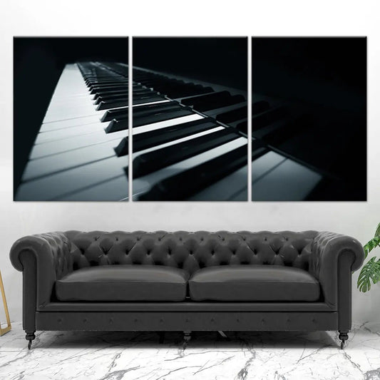 Modern concert grand piano — large canvas wall art, sleek black tones and elegant highlights for calming bedroom decor