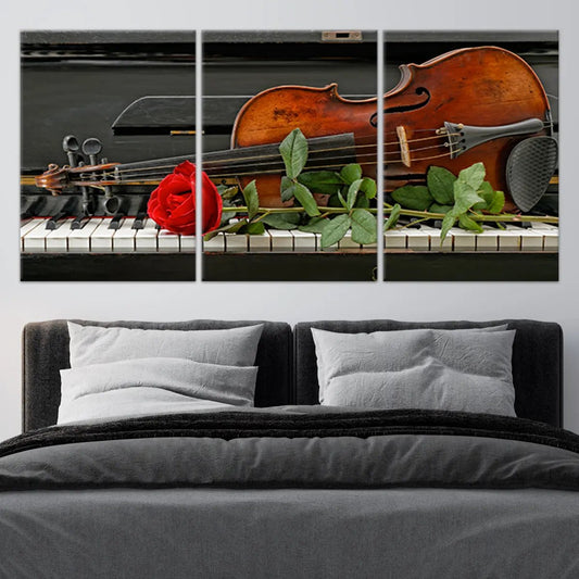 Piano and violin with red rose canvas wall art for living room wall art, elegant classical harmony with inspiring mood
