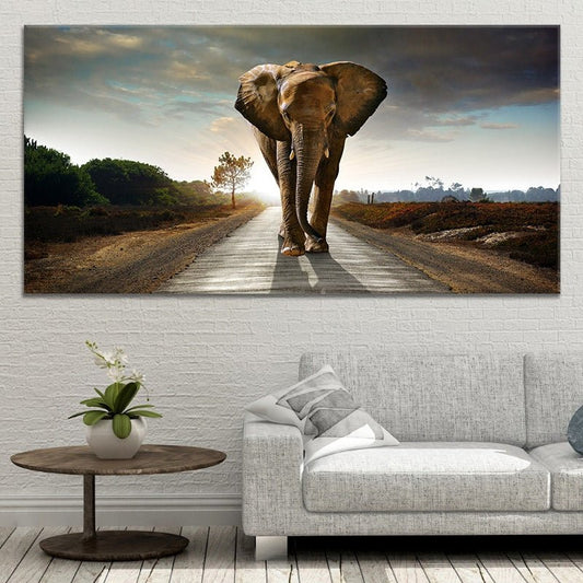 Majestic elephant on dirt road — large canvas wall art in warm earthy tones, perfect for rustic or safari-themed decor.