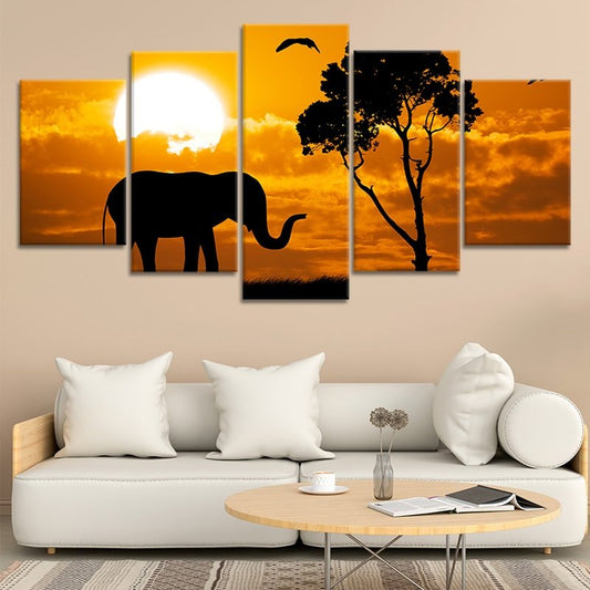 Elephant and acacia tree silhouette — modern canvas wall art, golden sky design adding warmth and nature charm to bedroom décor.