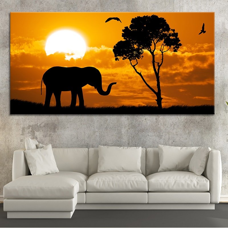 Elephant Sunset Canvas Wall Art