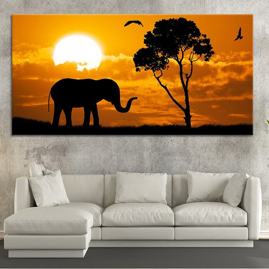 African elephant at sunset — large canvas wall art for living room, warm orange tones create a peaceful and inspiring safari ambiance.