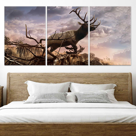Majestic bull elk — modern canvas wall art for living room, powerful wildlife design in warm sunset tones adding rustic elegance to décor.