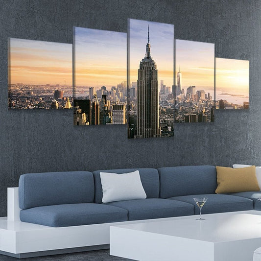 New York skyline — large canvas wall art for bedroom showcasing the Empire State Building in warm sunset hues and inspiring calm.