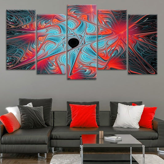 Fiery cosmic burst — large canvas wall art, bold symmetrical design in red and turquoise creating a striking modern home centerpiece.