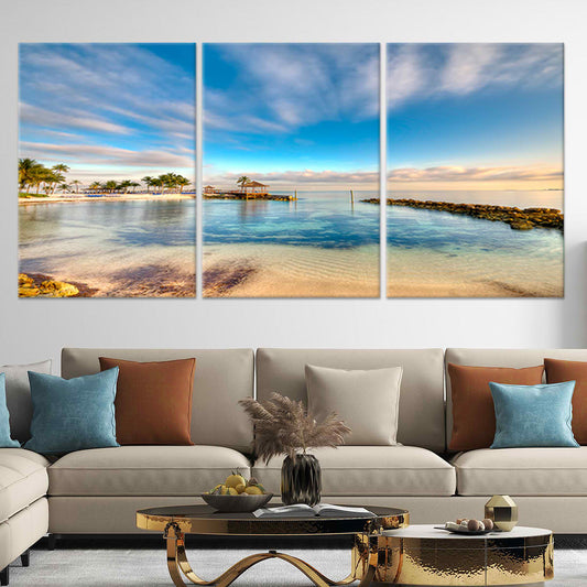 Crystal-clear ocean waves — large canvas wall art featuring blue skies and golden sands, relaxing tropical decor for bedroom tranquility