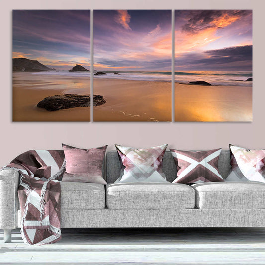 Golden beach horizon — coastal canvas print in purple and orange tones, relaxing wall art for bedroom or ocean-inspired home décor