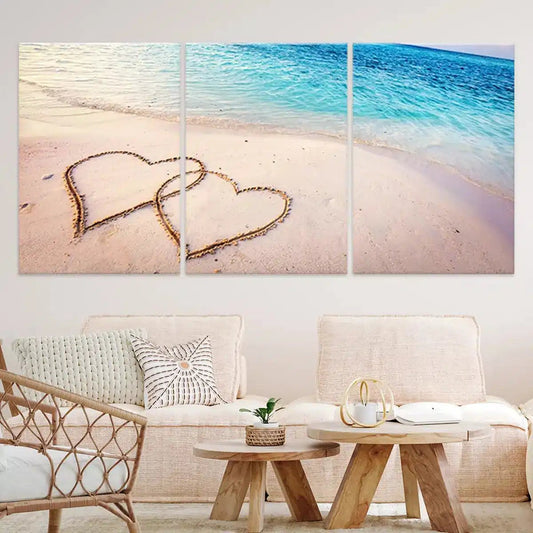 Intertwined beach hearts — coastal canvas print with soft sand and turquoise sea, relaxing wall décor ideal for modern living room walls.