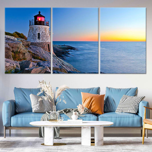 Nautical lighthouse view — coastal canvas print with golden horizon and deep blue tones, peaceful wall art for bedroom or office