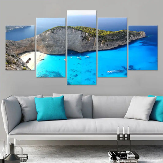 Greek island seascape — coastal canvas print featuring Navagio cove and bright blue sea, peaceful wall art for bedroom or beach home