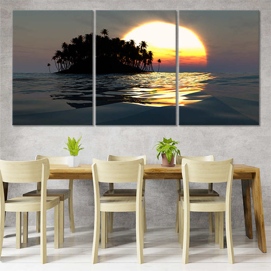 Golden sunset behind palm trees — modern canvas wall art, serene tropical seascape perfect for beach-inspired décor.
