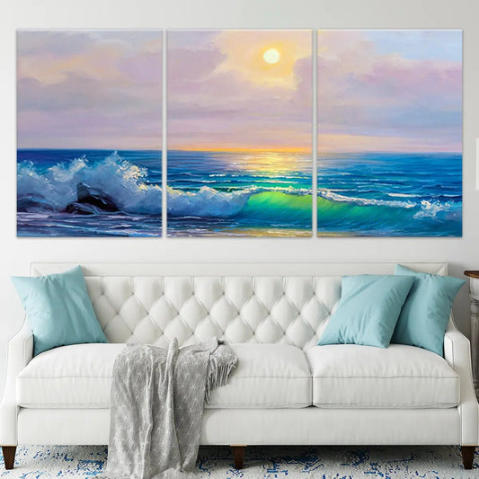 Sunset seascape — large canvas wall art, golden sky reflections over gentle ocean waves create a calming and elegant home accent.