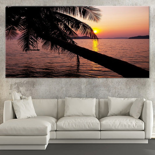 Tropical palm sunset large canvas wall art—golden seaside glow for peaceful living room decor or modern beach house design