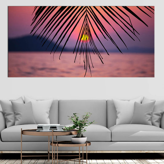 Sunset through palm leaves — modern canvas wall art, peaceful island seascape perfect for calming bedroom interiors.