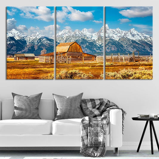 Farmhouse barn scene with golden meadow Large canvas art adding a peaceful bedroom mood and classic western rustic décor appeal