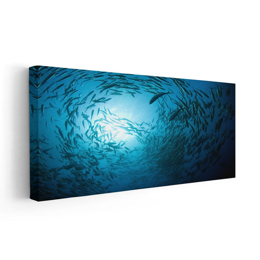 Circular fish pattern — large canvas wall art with aquatic blue hues, creating a serene seascape perfect for coastal home interiors.