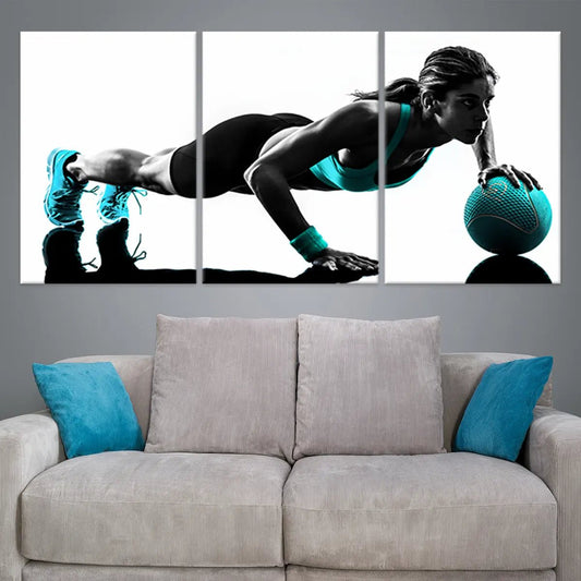 “Athletic woman doing plank exercise canvas wall art for living room decor, creating an inspiring focal point for fitness-themed modern spaces.”