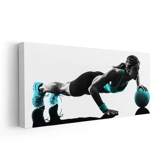 “Fitness woman with medicine ball large canvas wall art in bold teal accents, adding uplifting energy ideal for office or home gym environments.”