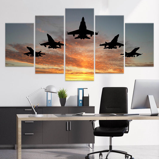 F-16 fighter jet formation — bold canvas wall art for office or living room, capturing precision and power in flight.