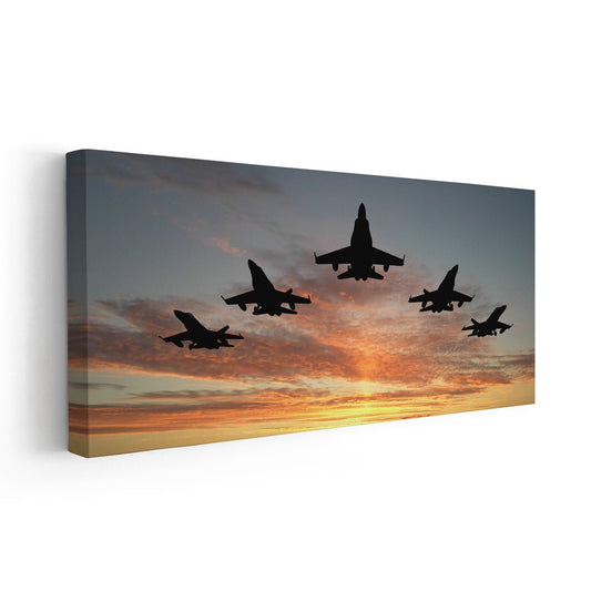 Fighter jets in sunset sky — large canvas wall art with dramatic orange tones, ideal for aviation-inspired home décor.