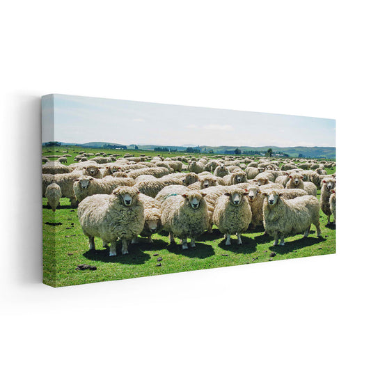 Grazing sheep in rustic meadow tones — large canvas wall art perfect for bedroom décor, creating a calming rural atmosphere in modern interiors
