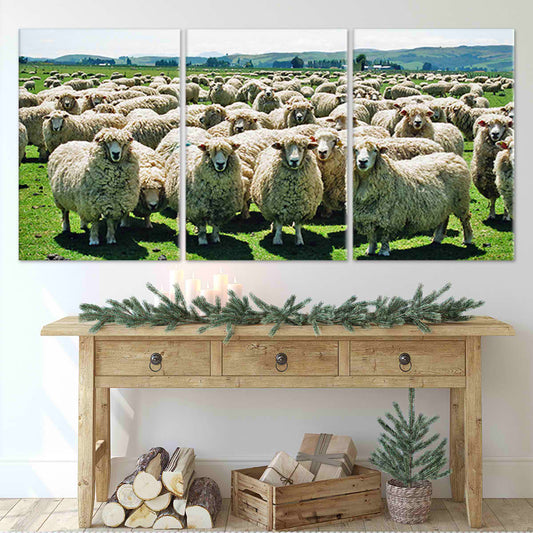 Sheep flock canvas wall art for living room décor, adding a peaceful farmhouse touch with soft natural greens and warm countryside character