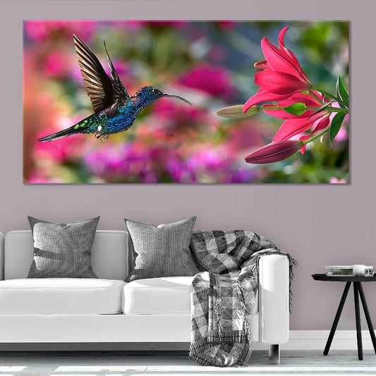 Colorful hummingbird and flowers — large canvas wall art, vivid tones symbolizing energy and joy in contemporary living room spaces.