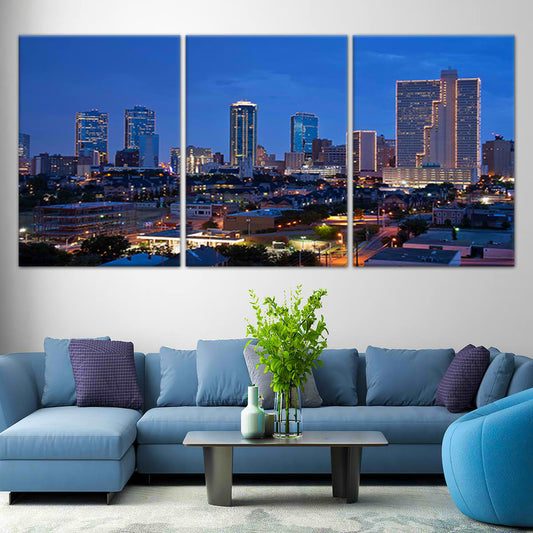 Fort Worth skyline at night — large canvas wall art with glowing city lights, inspiring and elegant centerpiece for living room décor.