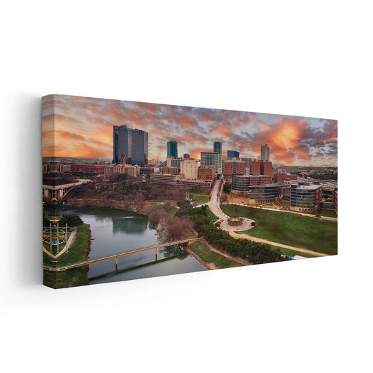 Downtown Fort Worth cityscape — large canvas wall art in warm evening hues, perfect for modern office or stylish bedroom walls.
