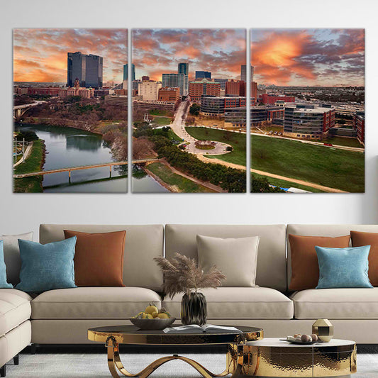 Fort Worth skyline at sunset — modern canvas wall art with golden sky tones, inspiring centerpiece for elegant living room decor.