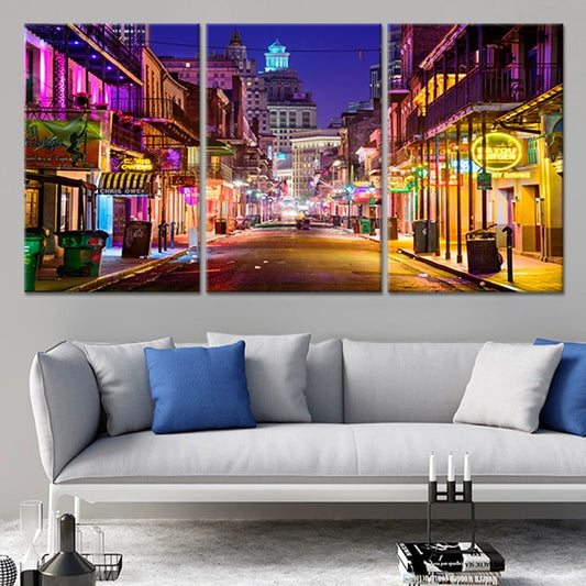 French Quarter at night — modern canvas wall art for living room showcasing colorful lights and inspiring New Orleans charm.