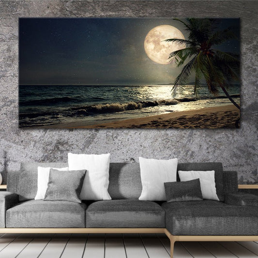 Large Horizontal Coastal Wall Art: framed coastal wall art, seascape artwork, nautical wall art for living room, moon canvas wall art, neutral beach wall art