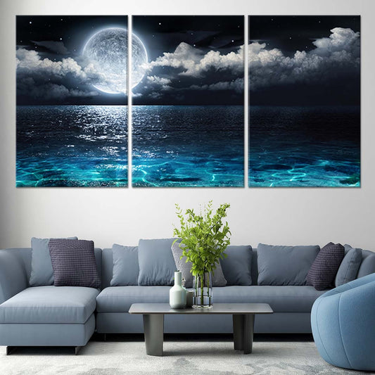 Moonlight Canvas Painting, Romantic Couple Wall Art for bedroom, night sky canvas, framed ocean wall art, beach canvas wall art