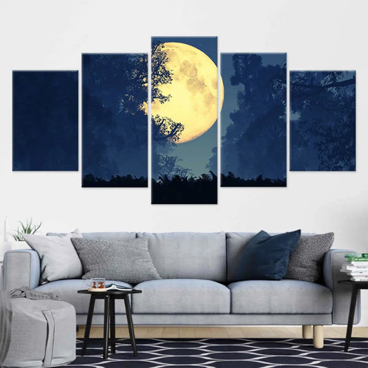 Radiant full moon over treetops canvas wall art for living room décor, adding a peaceful nighttime atmosphere with deep blue tones