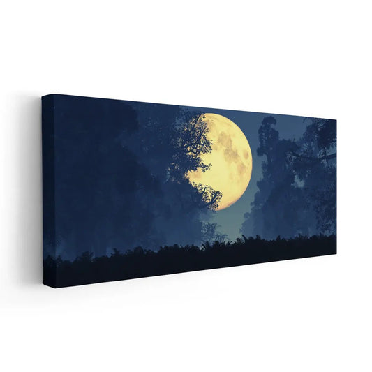 Modern night-sky moon scene — large canvas art, navy palette with soft glow creating a calming mood perfect for a cozy bedroom space