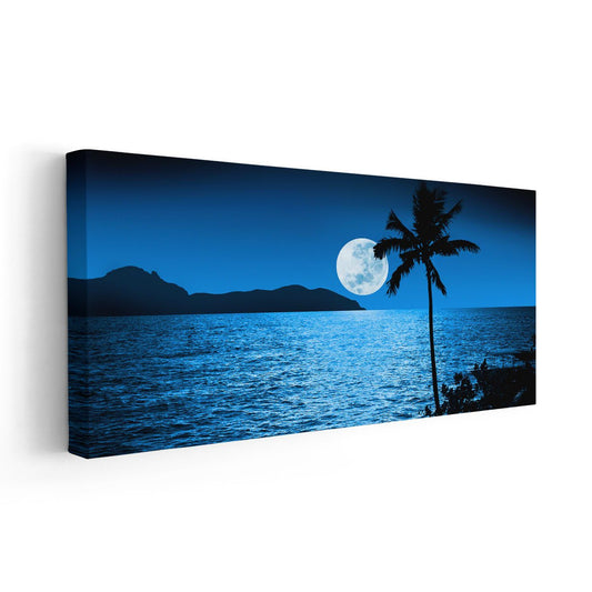 Full moon ocean night — coastal canvas wall art with palm silhouette and blue glow, tranquil seascape decor for modern living rooms