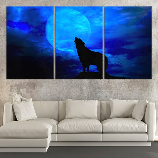 Blue moon wolf — modern canvas wall art with luminous tones, perfect for bedroom or rustic nature-inspired home decor.
