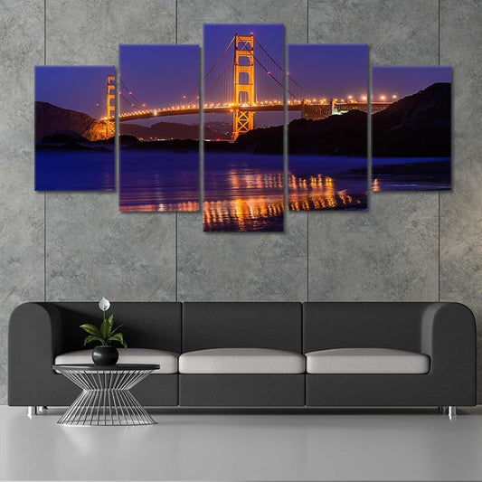 Golden Gate Bridge reflection — modern canvas wall art in deep blue and gold hues, elegant centerpiece for contemporary living room.